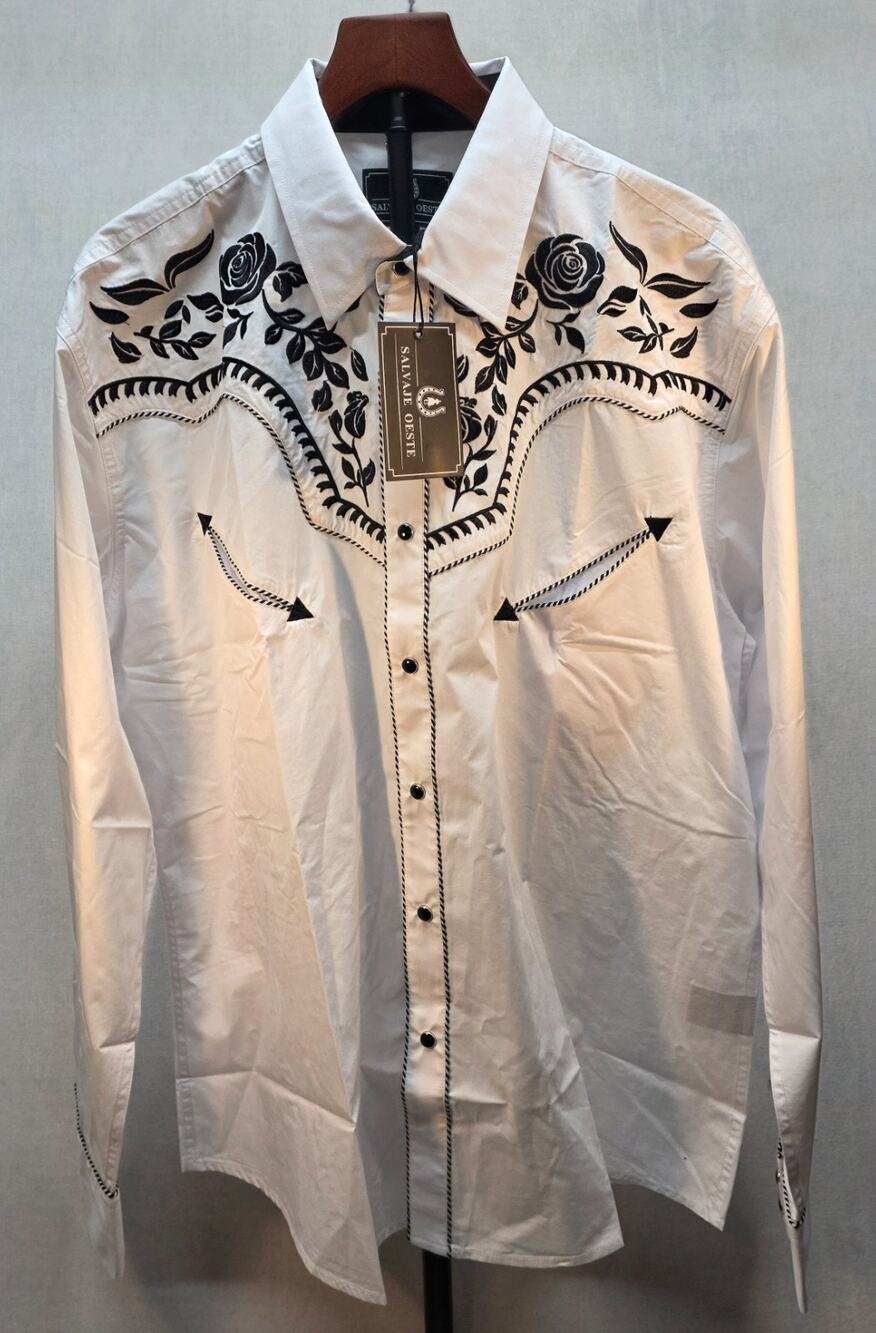 Salvaje Oeste Mens Western‎ Rodeo Cowboy Pearl Snap White Black Rose XXL